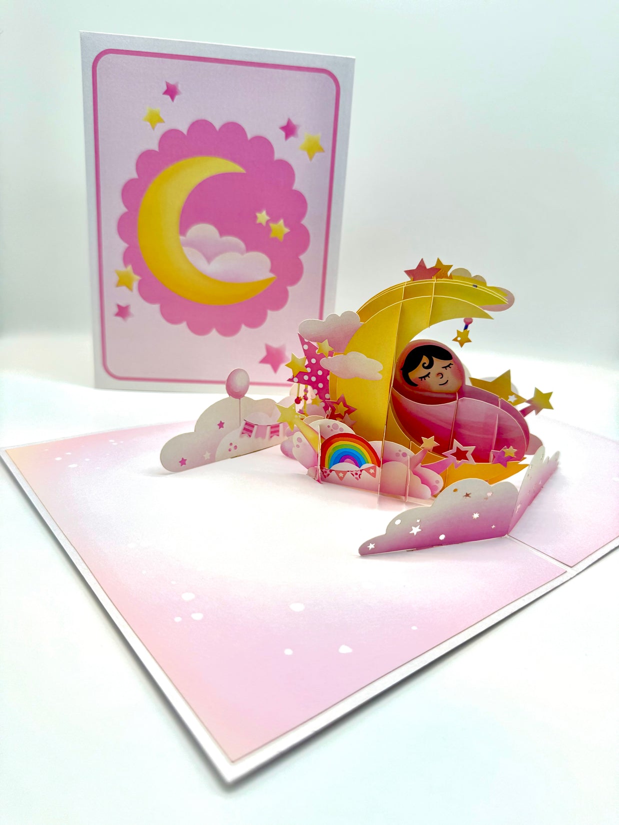 Pink Newborn Baby Girl Sleeping on A Crescent Moon Under Starry Night Sky Origami Pop Cards 3D Pop Up Greeting Card Happy Birthday Thank You Handmade Gift Thinking of You Blank Card for Any Occasion Happy Mother's Day Happy Newborn Baby
