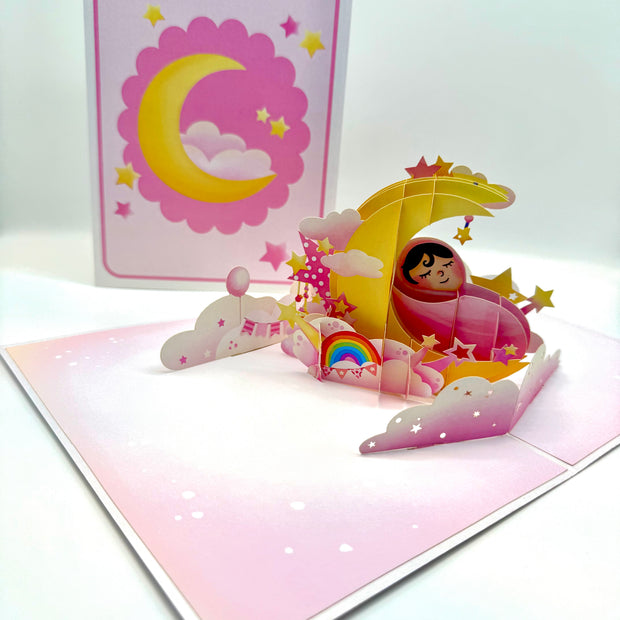 Pink Newborn Baby Girl Sleeping on A Crescent Moon Under Starry Night Sky Origami Pop Cards 3D Pop Up Greeting Card Happy Birthday Thank You Handmade Gift Thinking of You Blank Card for Any Occasion Happy Mother's Day Happy Newborn Baby