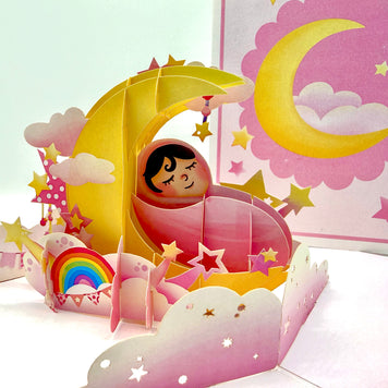 Pink Newborn Baby Girl Sleeping on A Crescent Moon Under Starry Night Sky Origami Pop Cards 3D Pop Up Greeting Card Happy Birthday Thank You Handmade Gift Thinking of You Blank Card for Any Occasion Happy Mother's Day Happy Newborn Baby