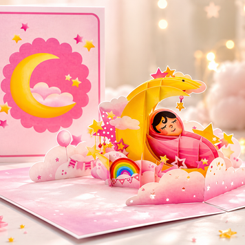 Pink Newborn Baby Girl Sleeping on A Crescent Moon Under Starry Night Sky Origami Pop Cards 3D Pop Up Greeting Card Happy Birthday Thank You Handmade Gift Thinking of You Blank Card for Any Occasion Happy Mother's Day Happy Newborn Baby