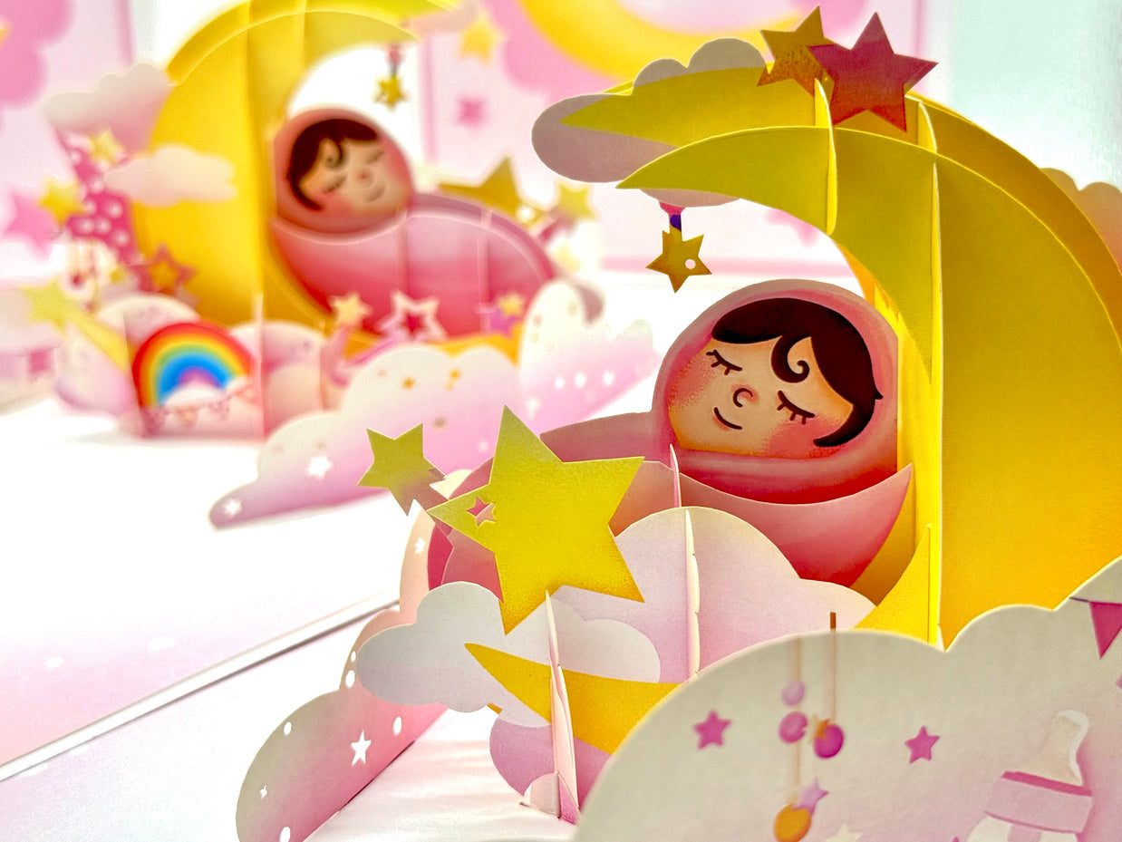 Pink Newborn Baby Girl Sleeping on A Crescent Moon Under Starry Night Sky Origami Pop Cards 3D Pop Up Greeting Card Happy Birthday Thank You Handmade Gift Thinking of You Blank Card for Any Occasion Happy Mother's Day Happy Newborn Baby