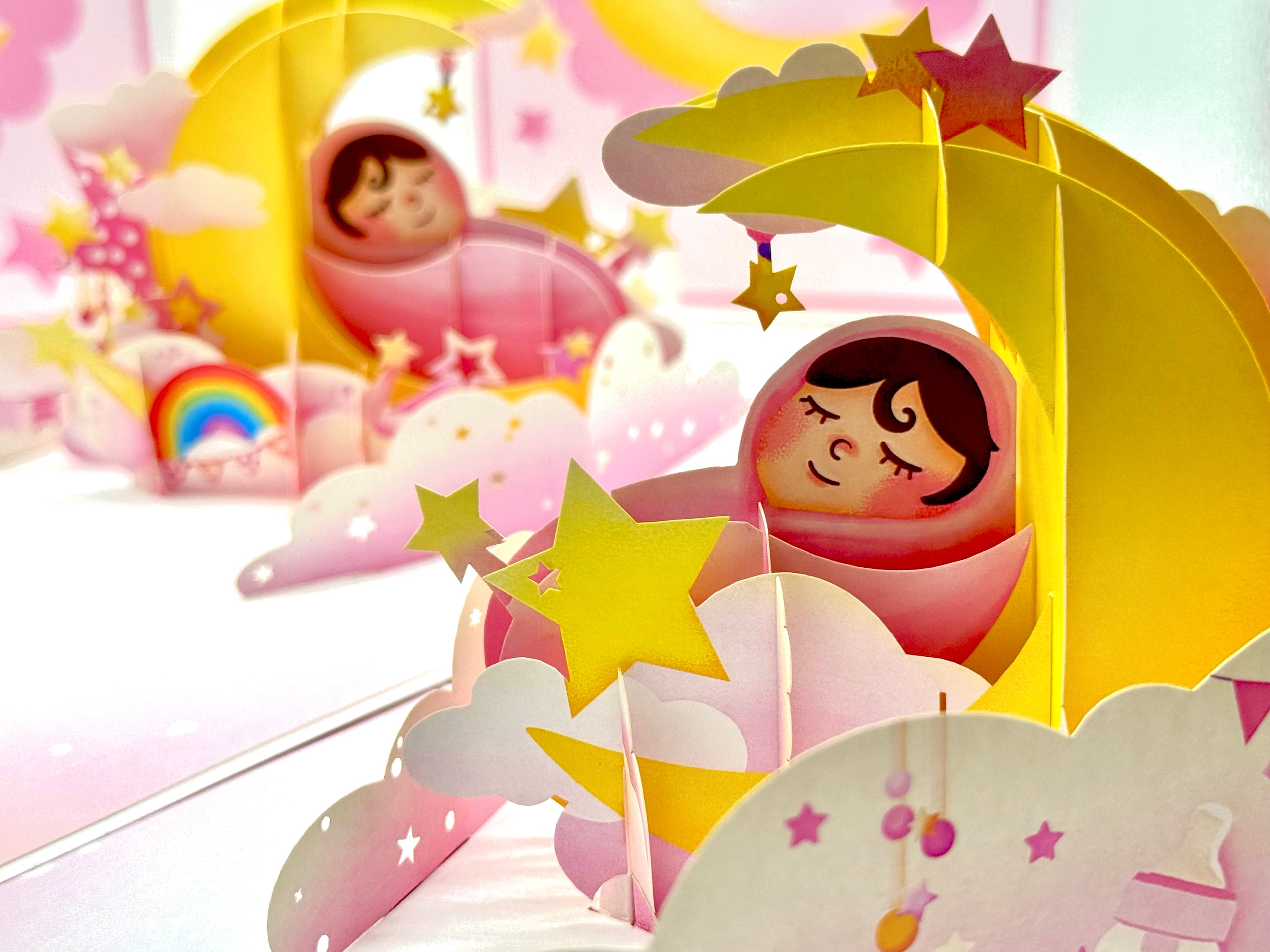 Pink Newborn Baby Girl Sleeping on A Crescent Moon Under Starry Night Sky Origami Pop Cards 3D Pop Up Greeting Card Happy Birthday Thank You Handmade Gift Thinking of You Blank Card for Any Occasion Happy Mother's Day Happy Newborn Baby