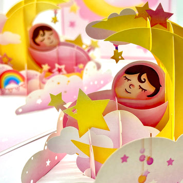 Pink Newborn Baby Girl Sleeping on A Crescent Moon Under Starry Night Sky Origami Pop Cards 3D Pop Up Greeting Card Happy Birthday Thank You Handmade Gift Thinking of You Blank Card for Any Occasion Happy Mother's Day Happy Newborn Baby