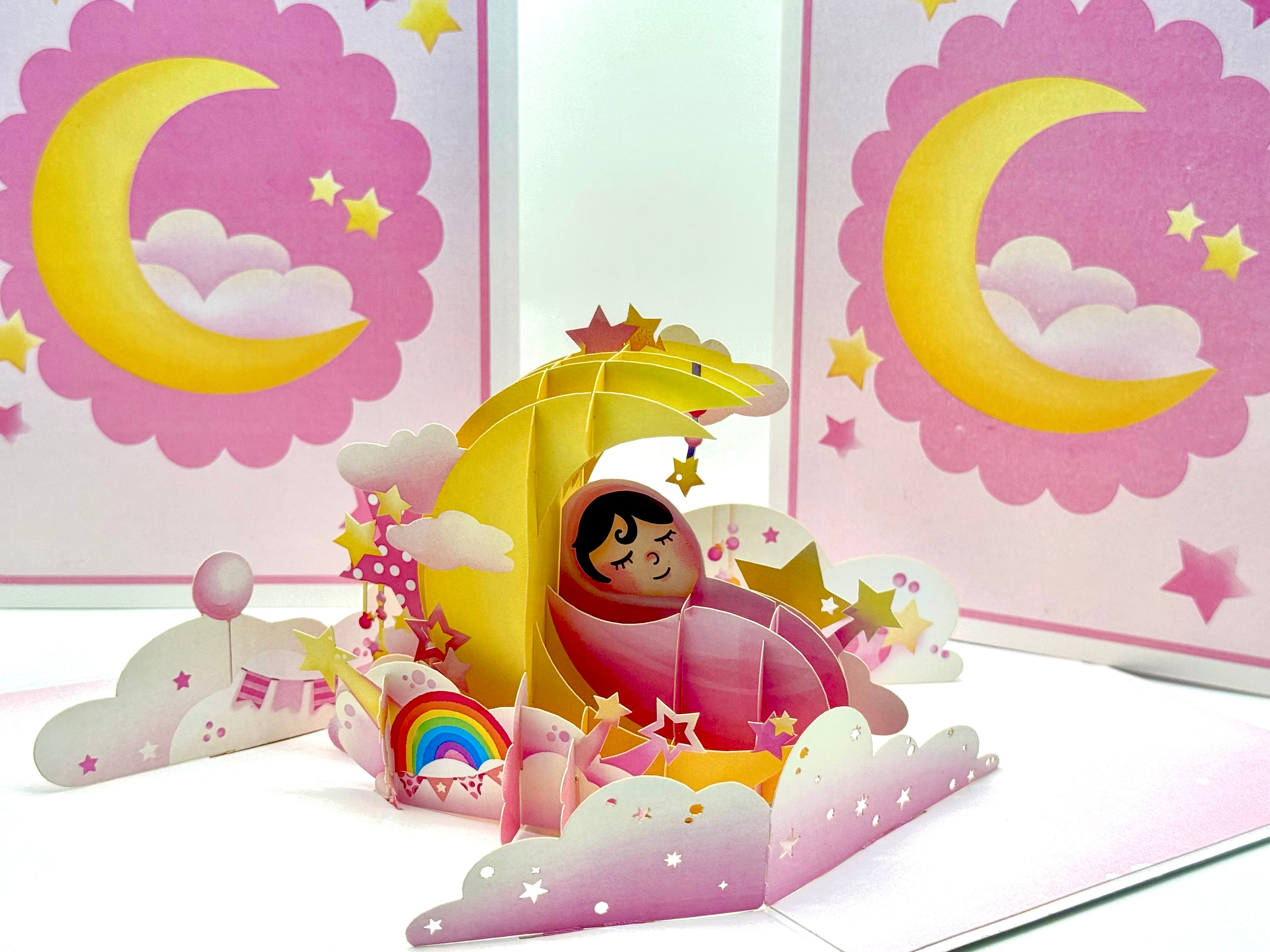 Pink Newborn Baby Girl Sleeping on A Crescent Moon Under Starry Night Sky Origami Pop Cards 3D Pop Up Greeting Card Happy Birthday Thank You Handmade Gift Thinking of You Blank Card for Any Occasion Happy Mother's Day Happy Newborn Baby
