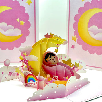 Pink Newborn Baby Girl Sleeping on A Crescent Moon Under Starry Night Sky Origami Pop Cards 3D Pop Up Greeting Card Happy Birthday Thank You Handmade Gift Thinking of You Blank Card for Any Occasion Happy Mother's Day Happy Newborn Baby