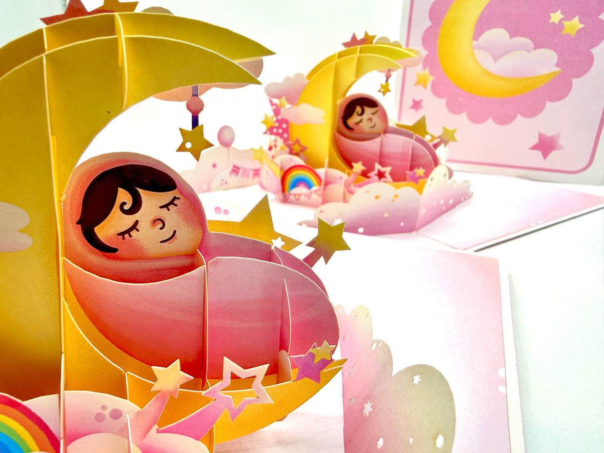 Pink Newborn Baby Girl Sleeping on A Crescent Moon Under Starry Night Sky Origami Pop Cards 3D Pop Up Greeting Card Happy Birthday Thank You Handmade Gift Thinking of You Blank Card for Any Occasion Happy Mother's Day Happy Newborn Baby