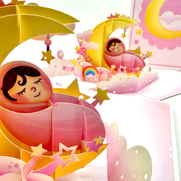 Pink Newborn Baby Girl Sleeping on A Crescent Moon Under Starry Night Sky Origami Pop Cards 3D Pop Up Greeting Card Happy Birthday Thank You Handmade Gift Thinking of You Blank Card for Any Occasion Happy Mother's Day Happy Newborn Baby