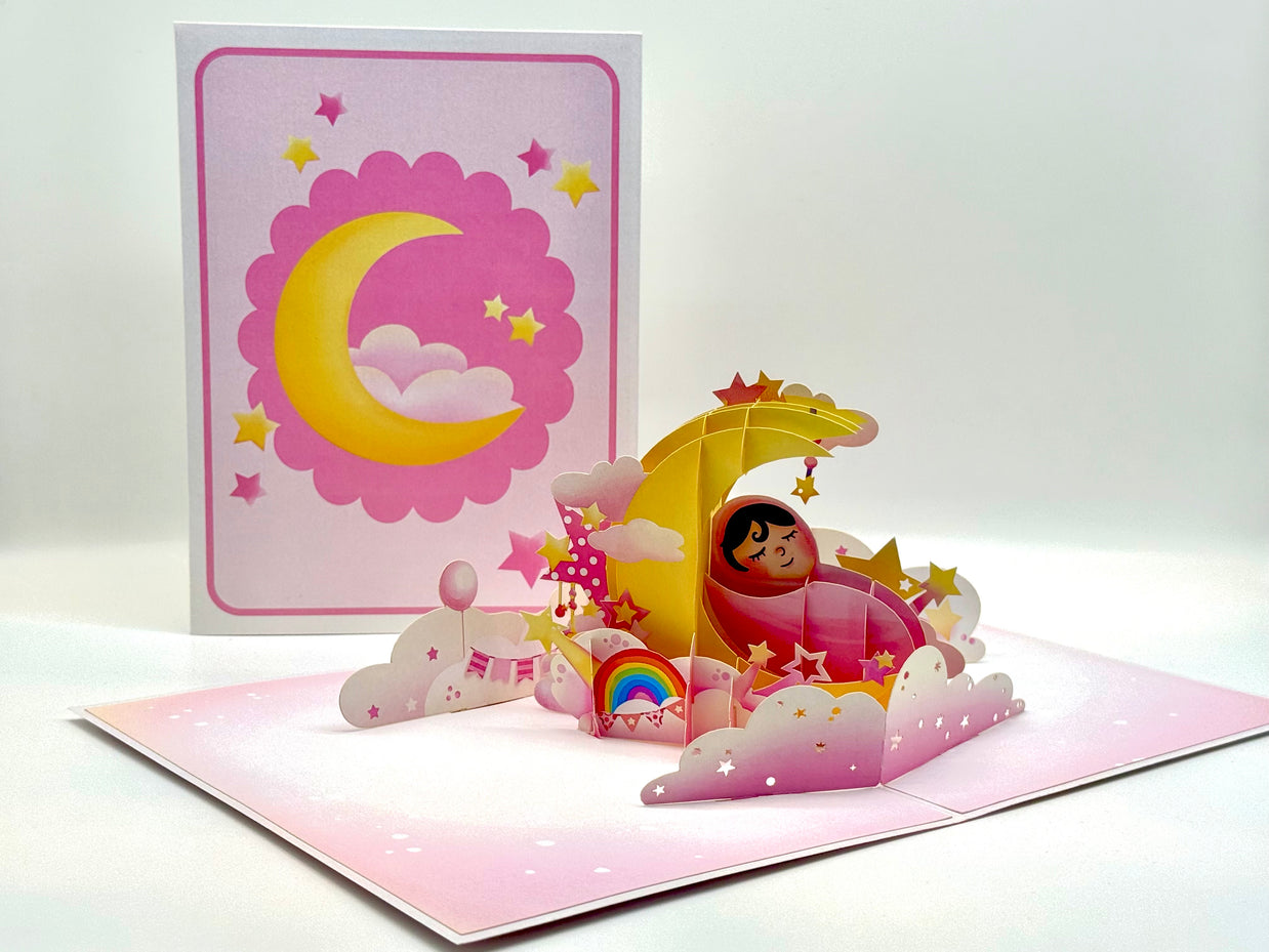 Pink Newborn Baby Girl Sleeping on A Crescent Moon Under Starry Night Sky Origami Pop Cards 3D Pop Up Greeting Card Happy Birthday Thank You Handmade Gift Thinking of You Blank Card for Any Occasion Happy Mother's Day Happy Newborn Baby