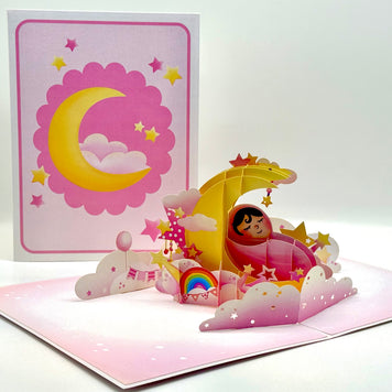 Pink Newborn Baby Girl Sleeping on A Crescent Moon Under Starry Night Sky Origami Pop Cards 3D Pop Up Greeting Card Happy Birthday Thank You Handmade Gift Thinking of You Blank Card for Any Occasion Happy Mother's Day Happy Newborn Baby