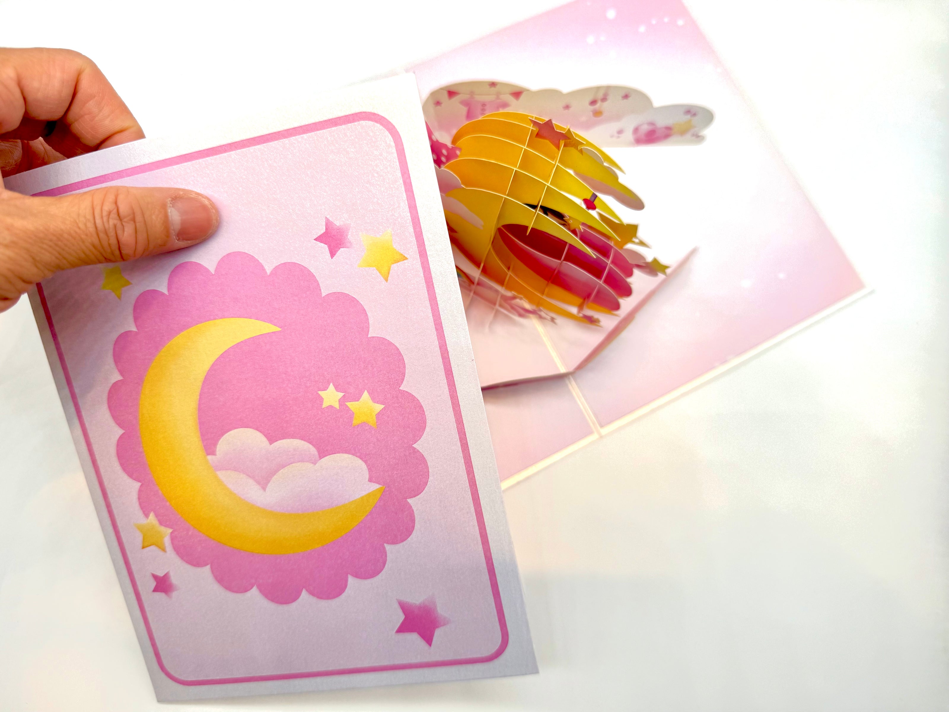 Pink Newborn Baby Girl Sleeping on A Crescent Moon Under Starry Night Sky Origami Pop Cards 3D Pop Up Greeting Card Happy Birthday Thank You Handmade Gift Thinking of You Blank Card for Any Occasion Happy Mother's Day Happy Newborn Baby