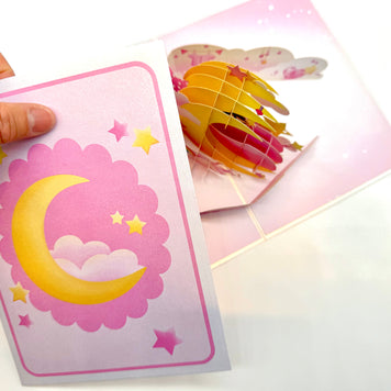 Pink Newborn Baby Girl Sleeping on A Crescent Moon Under Starry Night Sky Origami Pop Cards 3D Pop Up Greeting Card Happy Birthday Thank You Handmade Gift Thinking of You Blank Card for Any Occasion Happy Mother's Day Happy Newborn Baby