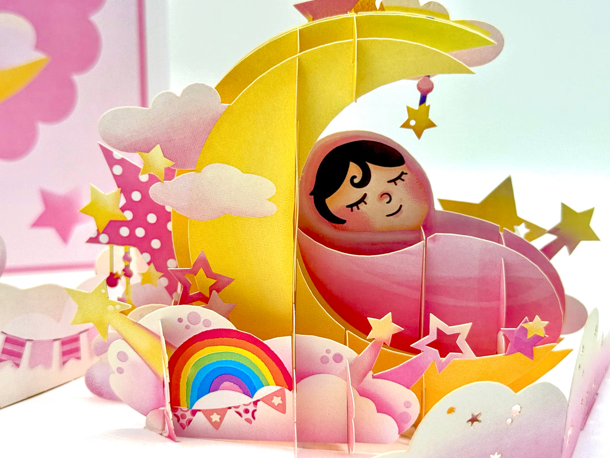 Pink Newborn Baby Girl Sleeping on A Crescent Moon Under Starry Night Sky Origami Pop Cards 3D Pop Up Greeting Card Happy Birthday Thank You Handmade Gift Thinking of You Blank Card for Any Occasion Happy Mother's Day Happy Newborn Baby