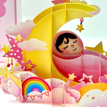 Pink Newborn Baby Girl Sleeping on A Crescent Moon Under Starry Night Sky Origami Pop Cards 3D Pop Up Greeting Card Happy Birthday Thank You Handmade Gift Thinking of You Blank Card for Any Occasion Happy Mother's Day Happy Newborn Baby