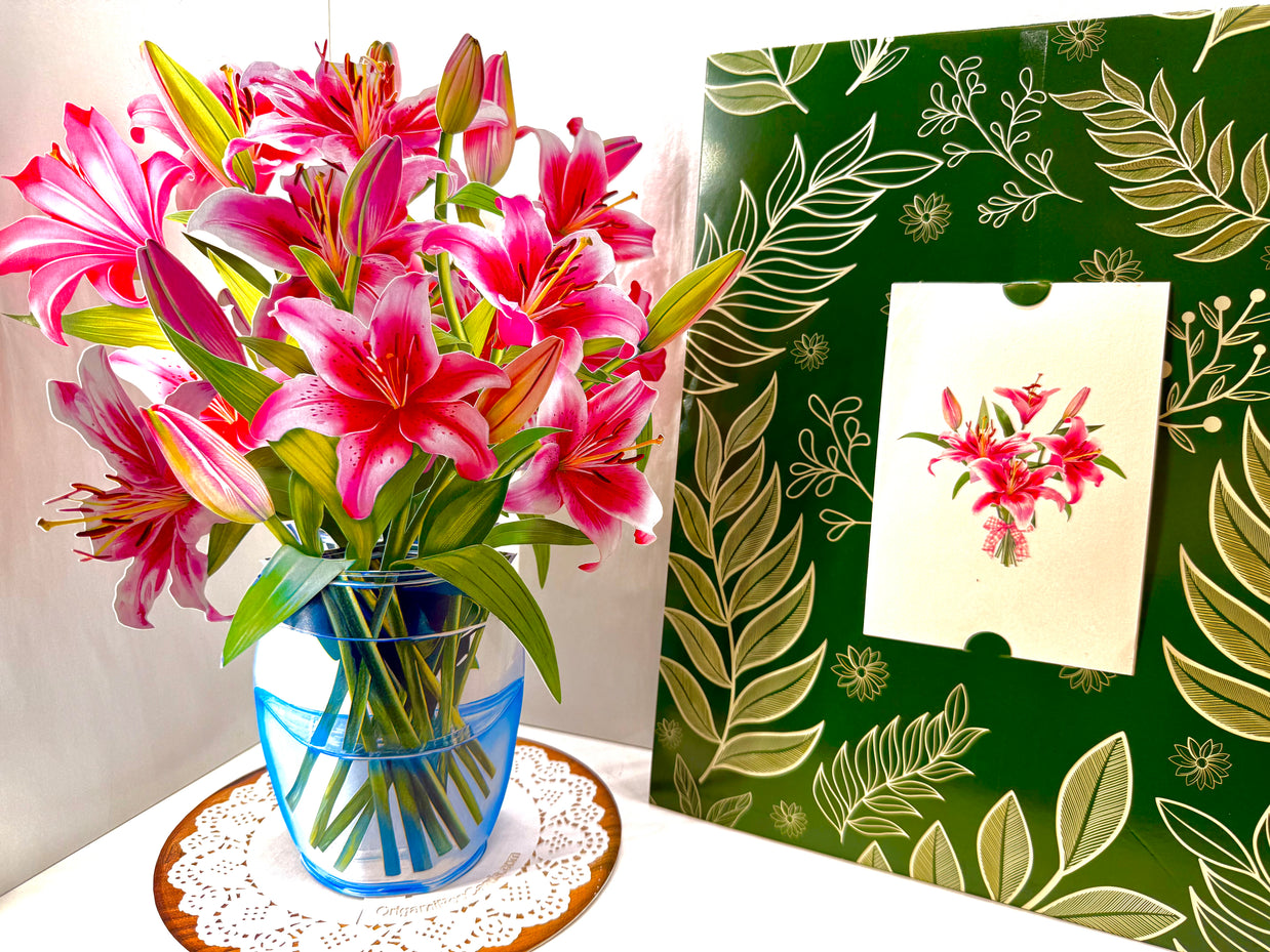 Hot Pink Oriental Lily 3D Pop Up Flower Bouquet Origami Pop Cards 3D Pop Up Greeting Card Happy Birthday Thank You Handmade Gift Thinking of You Blank Card for Any Occasion Happy Mother's Day Happy Father's Australiana Celebrate the Beauty of Flower