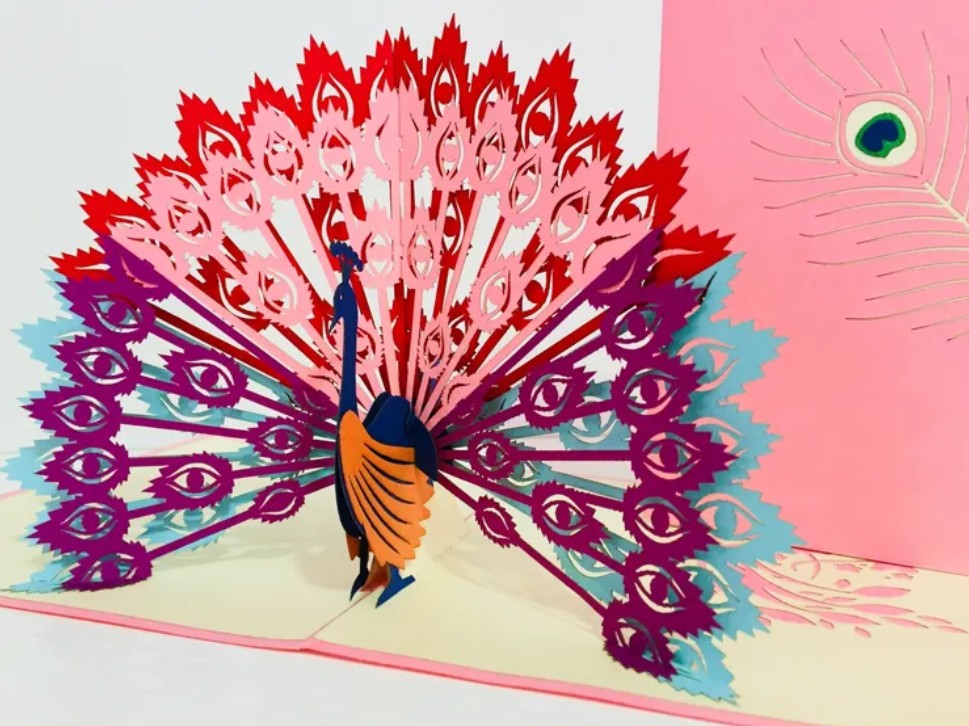 Pink Peacock Origami Pop Cards 3D Pop Up Greeting Card Happy Birthday Thank You Handmade Best Wishes Blank Card for Any Occasion Happy Mother's Day Happy Father's Day Celebrate the Beauty Of Nature