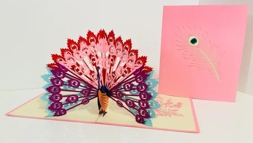 Pink Peacock Origami Pop Cards 3D Pop Up Greeting Card Happy Birthday Thank You Handmade Best Wishes Blank Card for Any Occasion Happy Mother's Day Happy Father's Day Celebrate the Beauty Of Nature