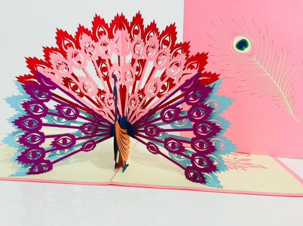 Pink Peacock Origami Pop Cards 3D Pop Up Greeting Card Happy Birthday Thank You Handmade Best Wishes Blank Card for Any Occasion Happy Mother's Day Happy Father's Day Celebrate the Beauty Of Nature