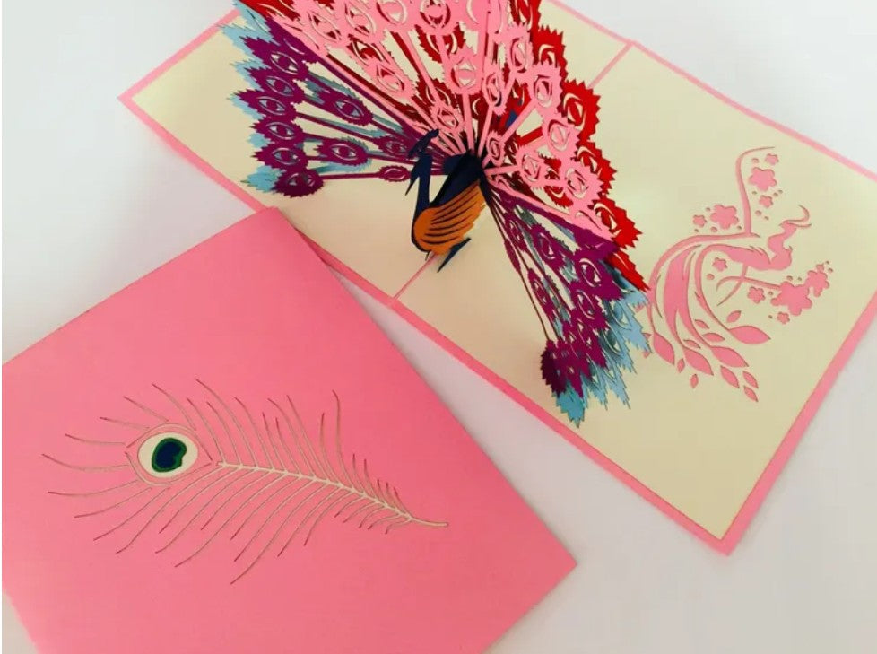Pink Peacock Origami Pop Cards 3D Pop Up Greeting Card Happy Birthday Thank You Handmade Best Wishes Blank Card for Any Occasion Happy Mother's Day Happy Father's Day Celebrate the Beauty Of Nature