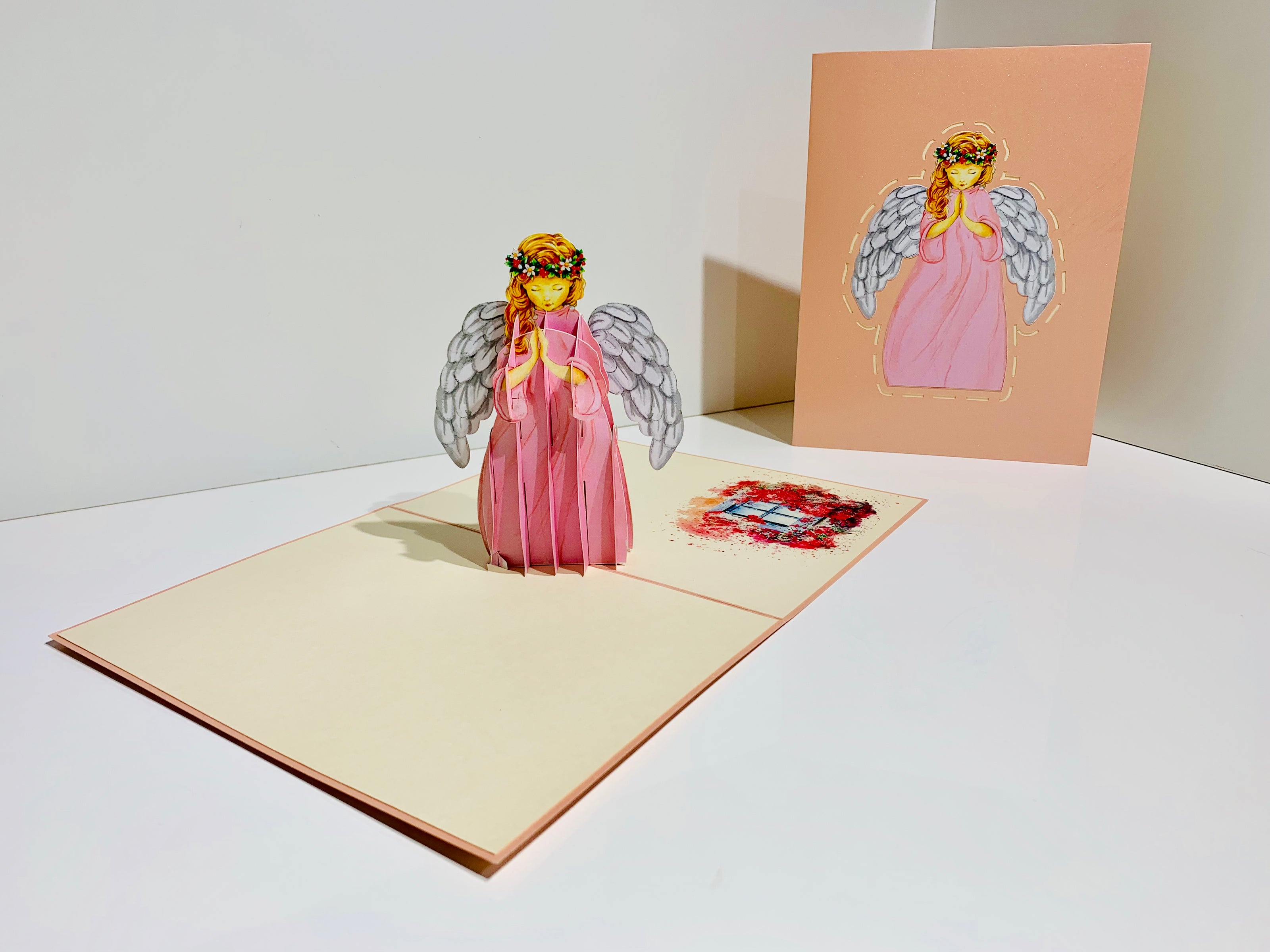 Pink Praying Guardian Angel Origami Pop Cards 3D Pop Up Greeting Card Merry Christmas Thank You Handmade Best Wishes Blank Card Gift Happy Holidays Celebrate the Special Day Moment with Family and Friends Holy