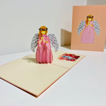 Pink Praying Guardian Angel Origami Pop Cards 3D Pop Up Greeting Card Merry Christmas Thank You Handmade Best Wishes Blank Card Gift Happy Holidays Celebrate the Special Day Moment with Family and Friends Holy