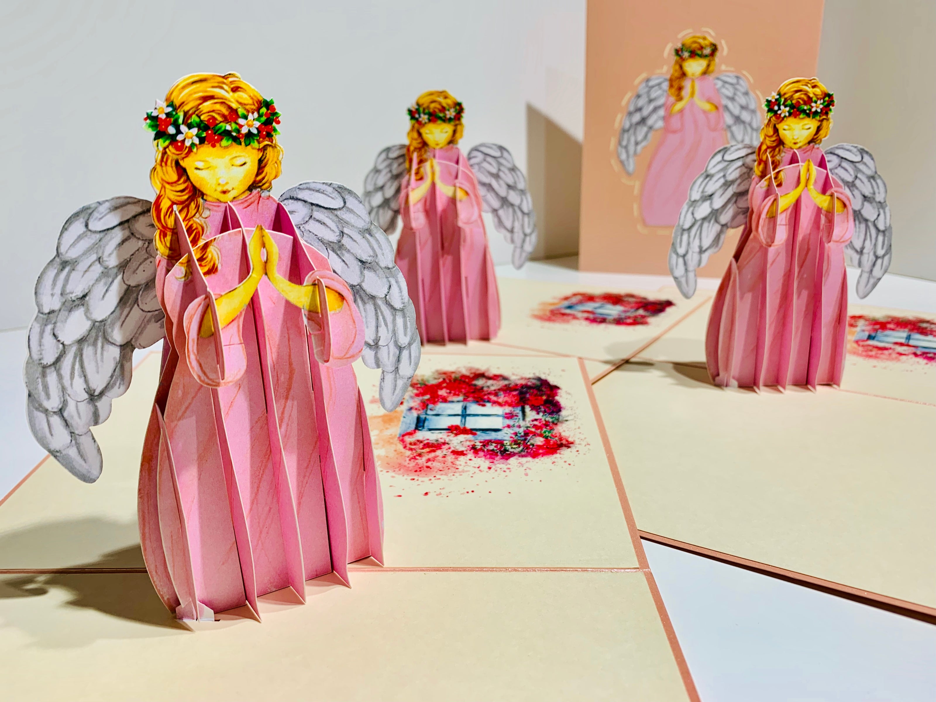 Pink Praying Guardian Angel Origami Pop Cards 3D Pop Up Greeting Card Merry Christmas Thank You Handmade Best Wishes Blank Card Gift Happy Holidays Celebrate the Special Day Moment with Family and Friends Holy