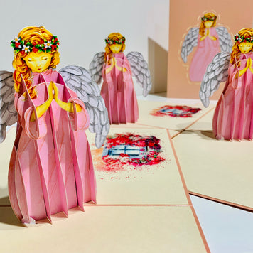 Pink Praying Guardian Angel Origami Pop Cards 3D Pop Up Greeting Card Merry Christmas Thank You Handmade Best Wishes Blank Card Gift Happy Holidays Celebrate the Special Day Moment with Family and Friends Holy
