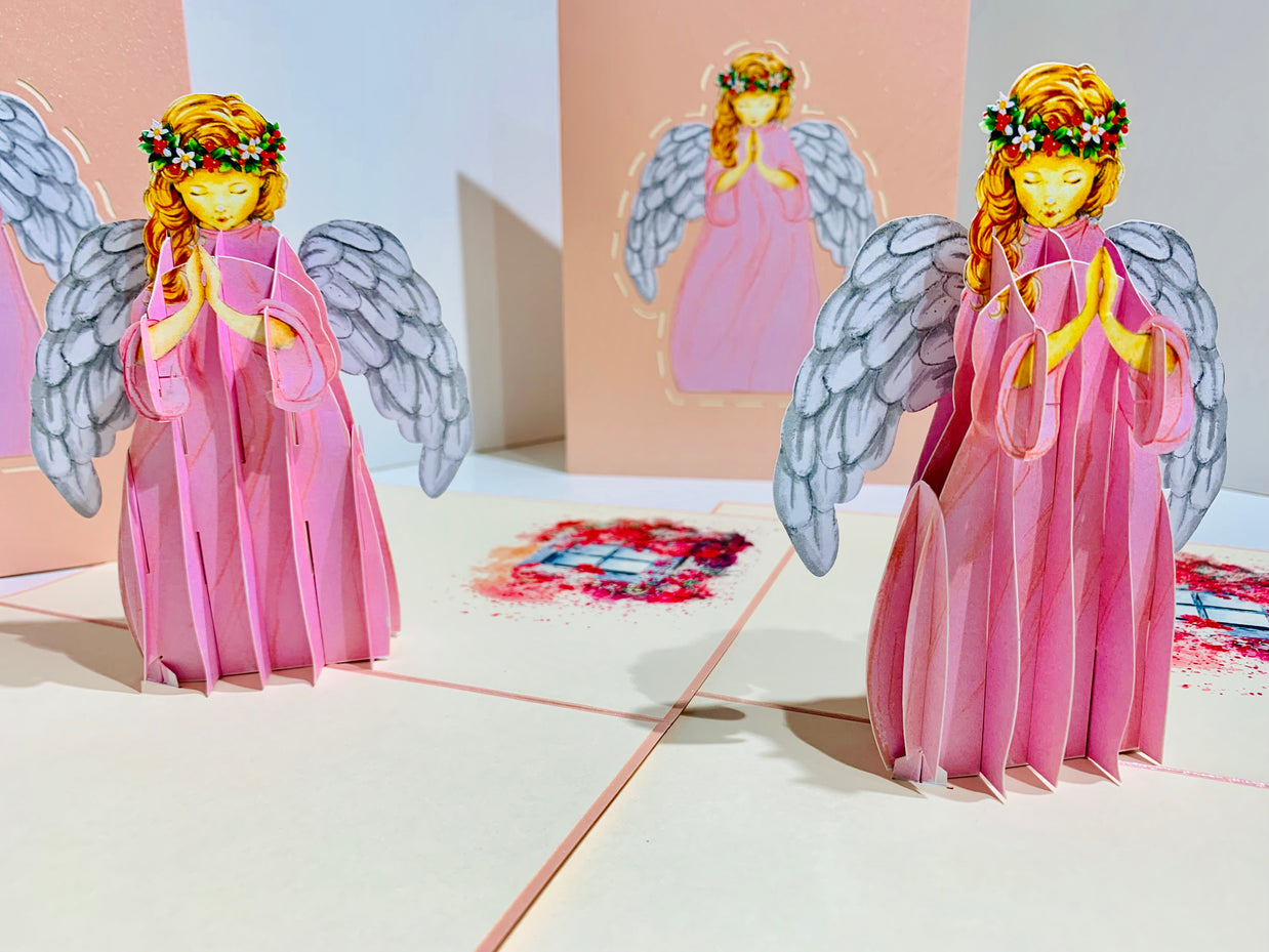 Pink Praying Guardian Angel Origami Pop Cards 3D Pop Up Greeting Card Merry Christmas Thank You Handmade Best Wishes Blank Card Gift Happy Holidays Celebrate the Special Day Moment with Family and Friends Holy