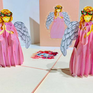 Pink Praying Guardian Angel Origami Pop Cards 3D Pop Up Greeting Card Merry Christmas Thank You Handmade Best Wishes Blank Card Gift Happy Holidays Celebrate the Special Day Moment with Family and Friends Holy