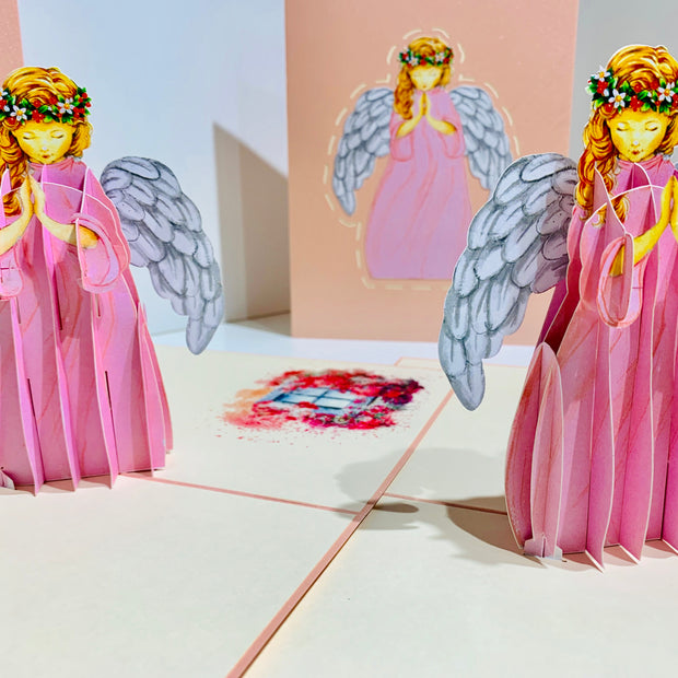 Pink Praying Guardian Angel Origami Pop Cards 3D Pop Up Greeting Card Merry Christmas Thank You Handmade Best Wishes Blank Card Gift Happy Holidays Celebrate the Special Day Moment with Family and Friends Holy