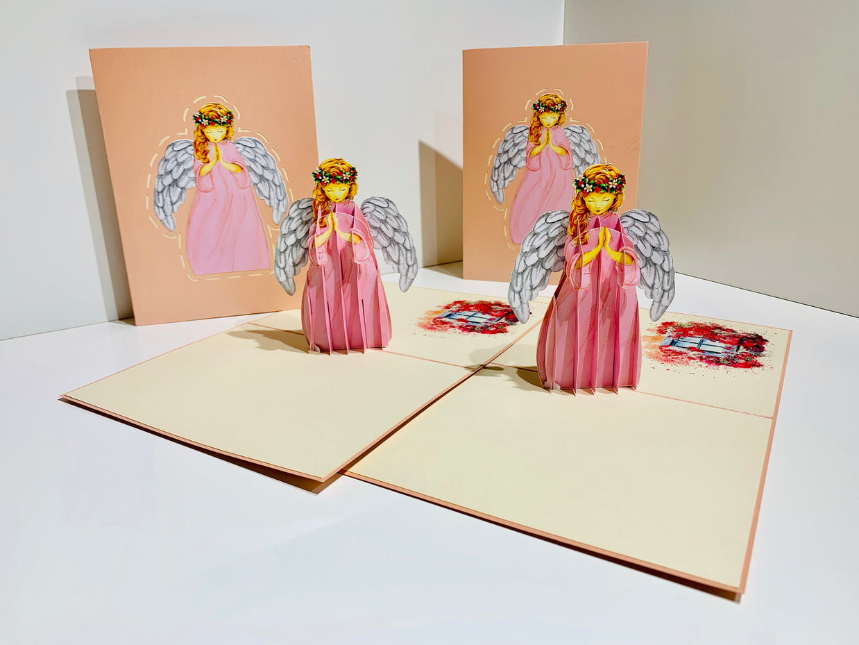 Pink Praying Guardian Angel Origami Pop Cards 3D Pop Up Greeting Card Merry Christmas Thank You Handmade Best Wishes Blank Card Gift Happy Holidays Celebrate the Special Day Moment with Family and Friends Holy