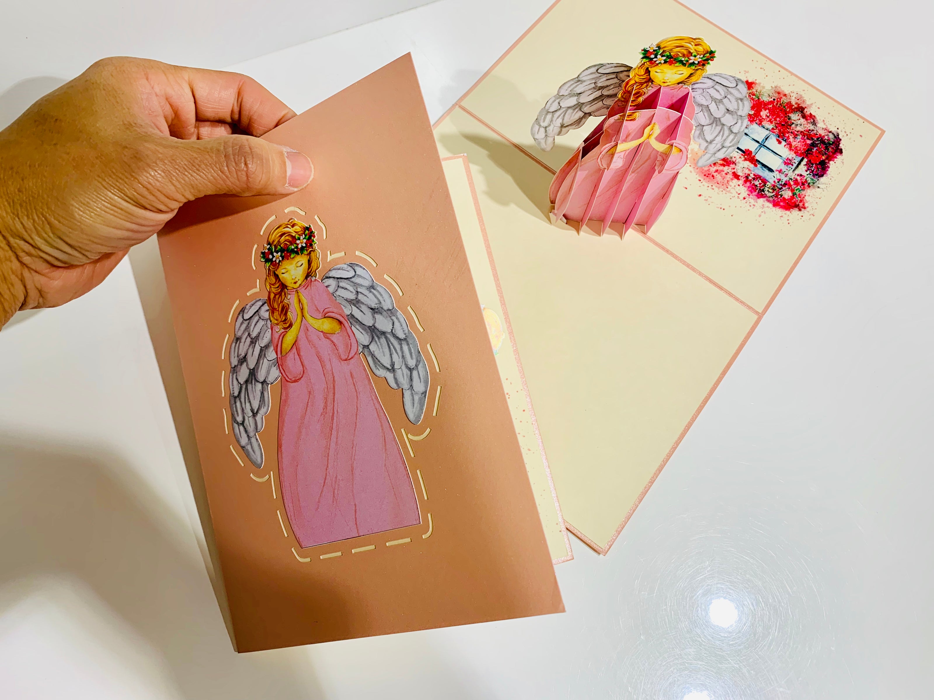 Pink Praying Guardian Angel Origami Pop Cards 3D Pop Up Greeting Card Merry Christmas Thank You Handmade Best Wishes Blank Card Gift Happy Holidays Celebrate the Special Day Moment with Family and Friends Holy