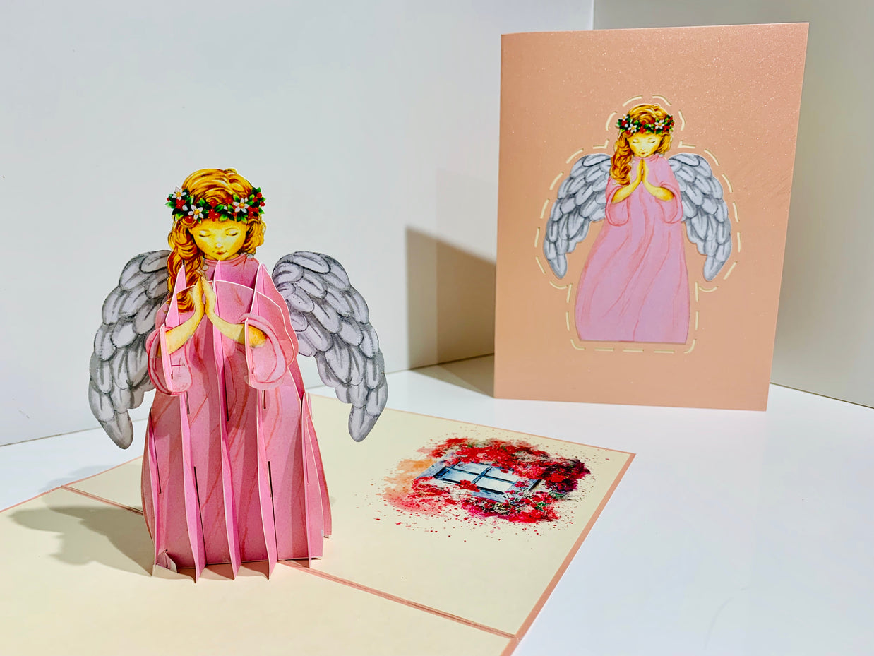 Pink Praying Guardian Angel Origami Pop Cards 3D Pop Up Greeting Card Merry Christmas Thank You Handmade Best Wishes Blank Card Gift Happy Holidays Celebrate the Special Day Moment with Family and Friends Holy