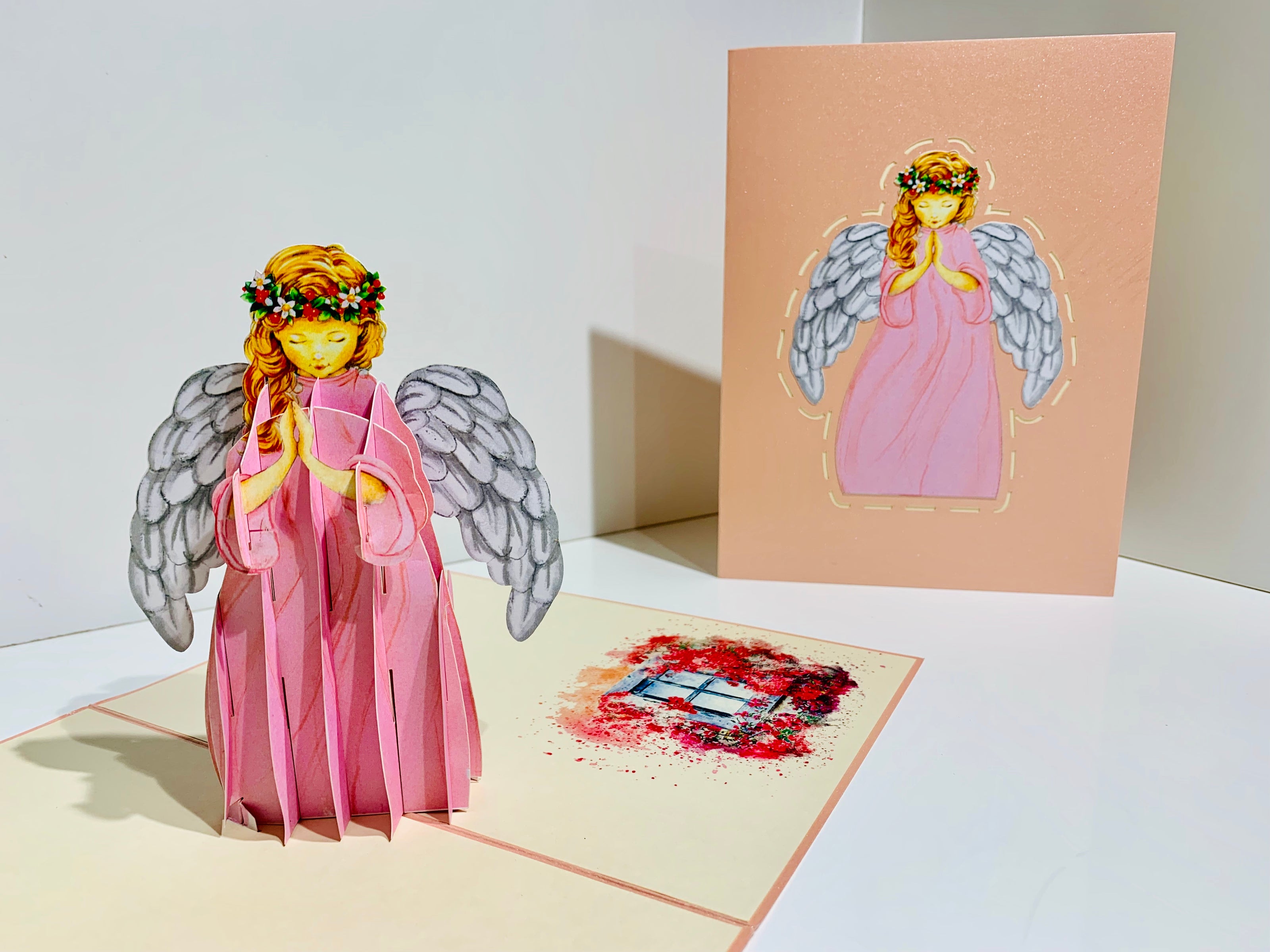 Pink Praying Guardian Angel Origami Pop Cards 3D Pop Up Greeting Card Merry Christmas Thank You Handmade Best Wishes Blank Card Gift Happy Holidays Celebrate the Special Day Moment with Family and Friends Holy