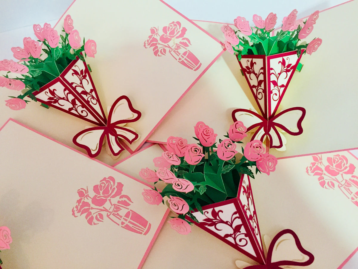 Pink Rose Bouquet Wrapped in Red Ribbon Created by Origami Pop Cards 3D Pop Up Greeting Card Happy Birthday Thank You Handmade Gift Thinking of You Blank Card for Any Occasion Happy Mother's Day Happy Father's Australiana Celebrate the Beauty of Flower