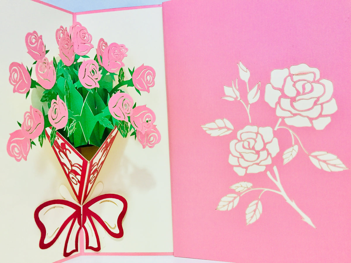 Pink Rose Bouquet Wrapped in Red Ribbon Created by Origami Pop Cards 3D Pop Up Greeting Card Happy Birthday Thank You Handmade Gift Thinking of You Blank Card for Any Occasion Happy Mother's Day Happy Father's Australiana Celebrate the Beauty of Flower