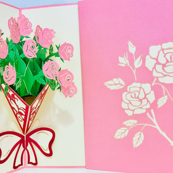 Pink Rose Bouquet Wrapped in Red Ribbon Created by Origami Pop Cards 3D Pop Up Greeting Card Happy Birthday Thank You Handmade Gift Thinking of You Blank Card for Any Occasion Happy Mother's Day Happy Father's Australiana Celebrate the Beauty of Flower