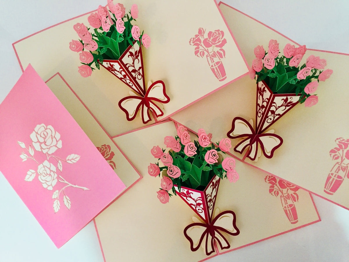 Pink Rose Bouquet Wrapped in Red Ribbon Created by Origami Pop Cards 3D Pop Up Greeting Card Happy Birthday Thank You Handmade Gift Thinking of You Blank Card for Any Occasion Happy Mother's Day Happy Father's Australiana Celebrate the Beauty of Flower