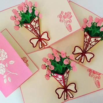 Pink Rose Bouquet Wrapped in Red Ribbon Created by Origami Pop Cards 3D Pop Up Greeting Card Happy Birthday Thank You Handmade Gift Thinking of You Blank Card for Any Occasion Happy Mother's Day Happy Father's Australiana Celebrate the Beauty of Flower