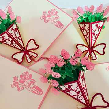 Pink Rose Bouquet Wrapped in Red Ribbon Created by Origami Pop Cards 3D Pop Up Greeting Card Happy Birthday Thank You Handmade Gift Thinking of You Blank Card for Any Occasion Happy Mother's Day Happy Father's Australiana Celebrate the Beauty of Flower
