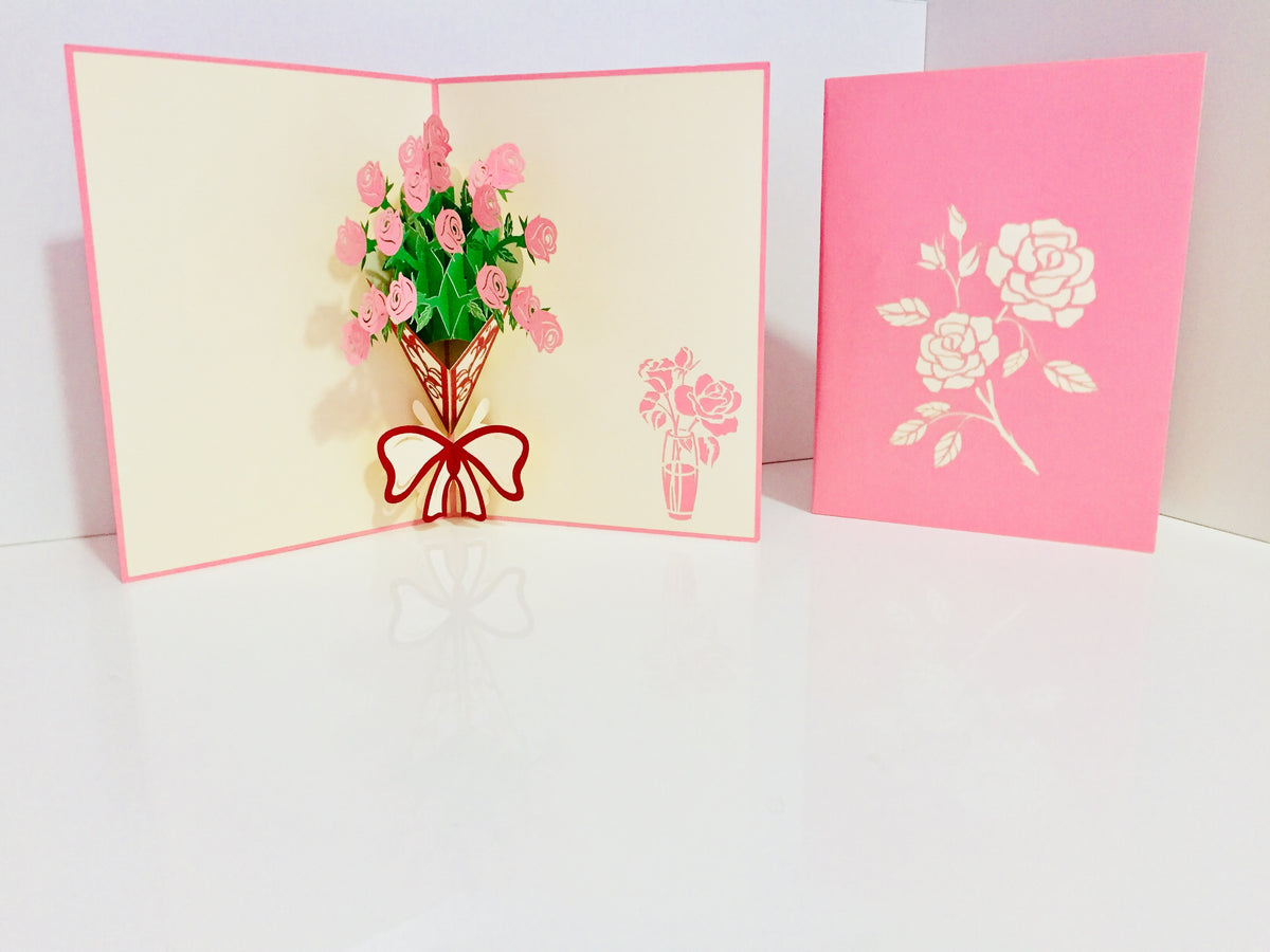 Pink Rose Bouquet Wrapped in Red Ribbon Created by Origami Pop Cards 3D Pop Up Greeting Card Happy Birthday Thank You Handmade Gift Thinking of You Blank Card for Any Occasion Happy Mother's Day Happy Father's Australiana Celebrate the Beauty of Flower