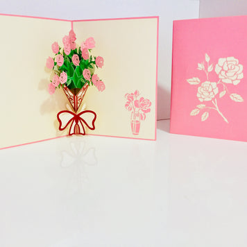 Pink Rose Bouquet Wrapped in Red Ribbon Created by Origami Pop Cards 3D Pop Up Greeting Card Happy Birthday Thank You Handmade Gift Thinking of You Blank Card for Any Occasion Happy Mother's Day Happy Father's Australiana Celebrate the Beauty of Flower