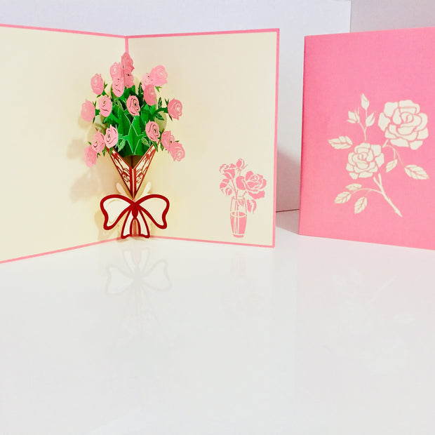 Pink Rose Bouquet Wrapped in Red Ribbon Created by Origami Pop Cards 3D Pop Up Greeting Card Happy Birthday Thank You Handmade Gift Thinking of You Blank Card for Any Occasion Happy Mother's Day Happy Father's Australiana Celebrate the Beauty of Flower