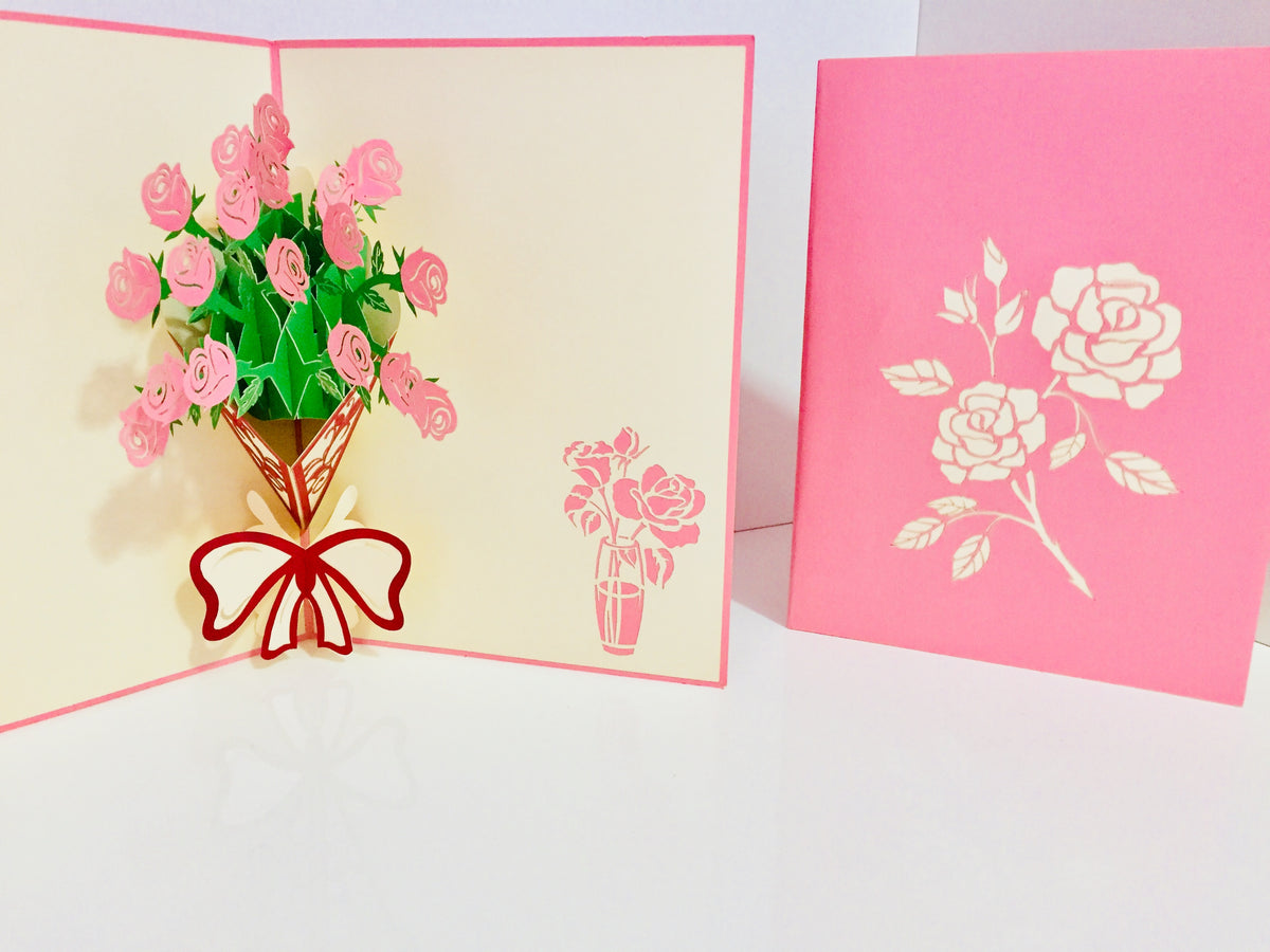 Pink Rose Bouquet Wrapped in Red Ribbon Created by Origami Pop Cards 3D Pop Up Greeting Card Happy Birthday Thank You Handmade Gift Thinking of You Blank Card for Any Occasion Happy Mother's Day Happy Father's Australiana Celebrate the Beauty of Flower