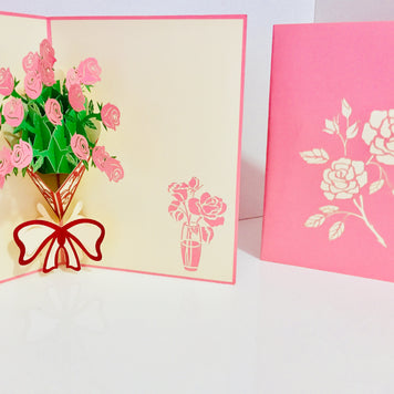 Pink Rose Bouquet Wrapped in Red Ribbon Created by Origami Pop Cards 3D Pop Up Greeting Card Happy Birthday Thank You Handmade Gift Thinking of You Blank Card for Any Occasion Happy Mother's Day Happy Father's Australiana Celebrate the Beauty of Flower