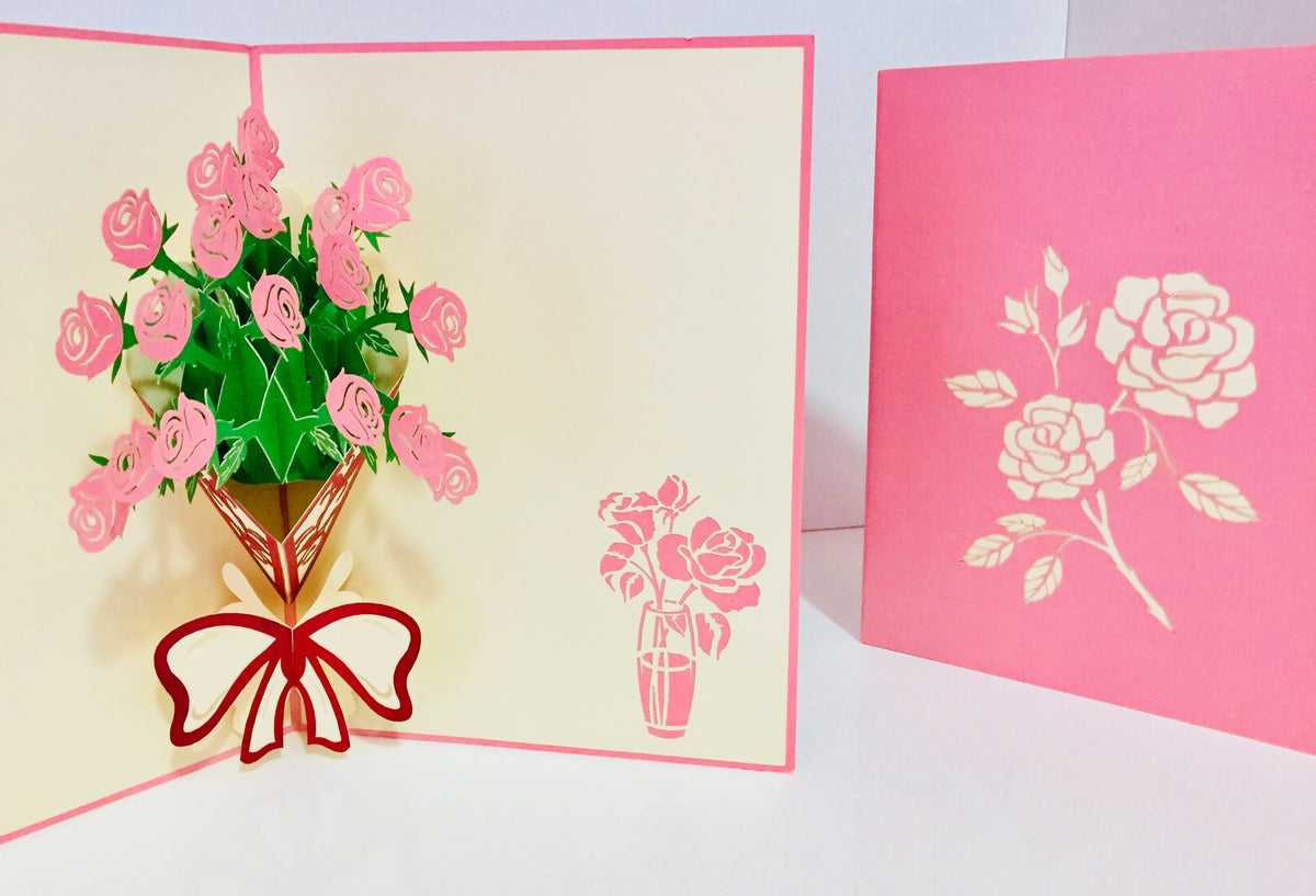 Pink Rose Bouquet Wrapped in Red Ribbon Created by Origami Pop Cards 3D Pop Up Greeting Card Happy Birthday Thank You Handmade Gift Thinking of You Blank Card for Any Occasion Happy Mother's Day Happy Father's Australiana Celebrate the Beauty of Flower