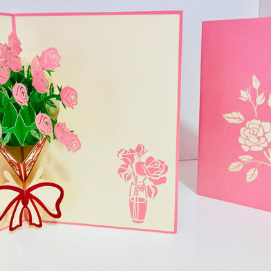 Pink Rose Bouquet Wrapped in Red Ribbon Created by Origami Pop Cards 3D Pop Up Greeting Card Happy Birthday Thank You Handmade Gift Thinking of You Blank Card for Any Occasion Happy Mother's Day Happy Father's Australiana Celebrate the Beauty of Flower