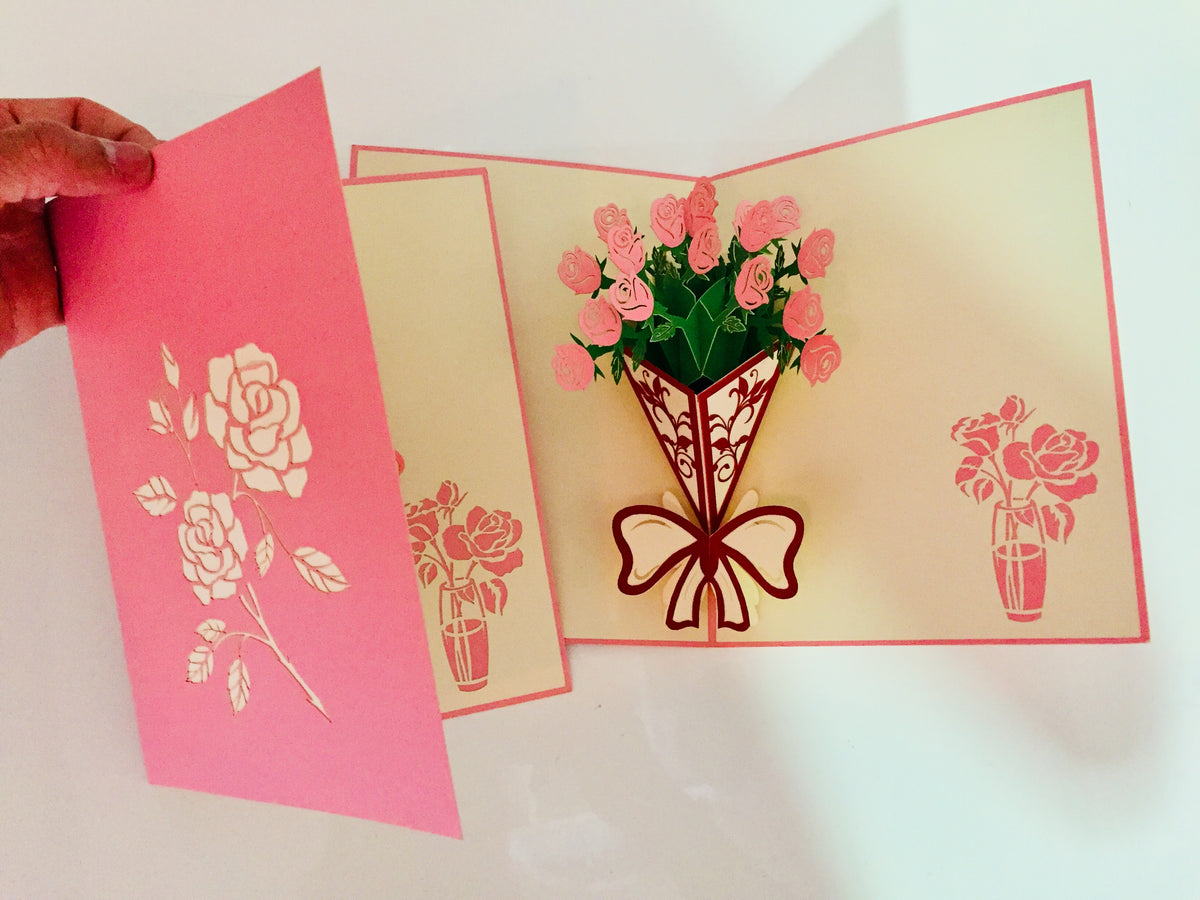 Pink Rose Bouquet Wrapped in Red Ribbon Created by Origami Pop Cards 3D Pop Up Greeting Card Happy Birthday Thank You Handmade Gift Thinking of You Blank Card for Any Occasion Happy Mother's Day Happy Father's Australiana Celebrate the Beauty of Flower