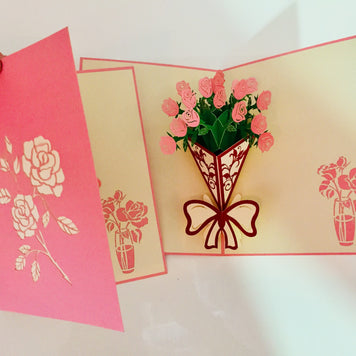 Pink Rose Bouquet Wrapped in Red Ribbon Created by Origami Pop Cards 3D Pop Up Greeting Card Happy Birthday Thank You Handmade Gift Thinking of You Blank Card for Any Occasion Happy Mother's Day Happy Father's Australiana Celebrate the Beauty of Flower