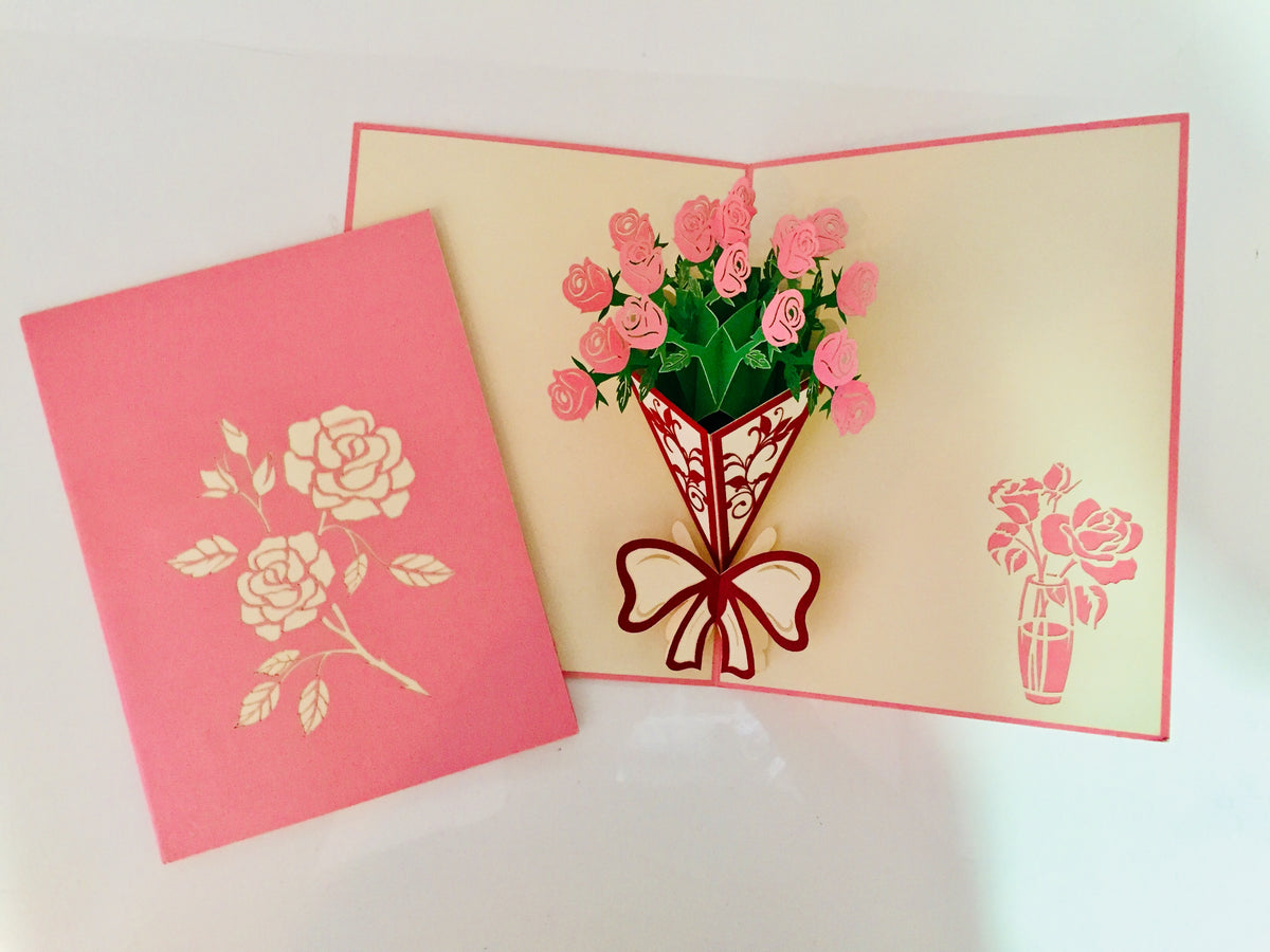 Pink Rose Bouquet Wrapped in Red Ribbon Created by Origami Pop Cards 3D Pop Up Greeting Card Happy Birthday Thank You Handmade Gift Thinking of You Blank Card for Any Occasion Happy Mother's Day Happy Father's Australiana Celebrate the Beauty of Flower