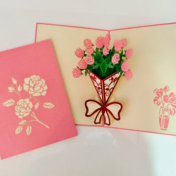 Pink Rose Bouquet Wrapped in Red Ribbon Created by Origami Pop Cards 3D Pop Up Greeting Card Happy Birthday Thank You Handmade Gift Thinking of You Blank Card for Any Occasion Happy Mother's Day Happy Father's Australiana Celebrate the Beauty of Flower